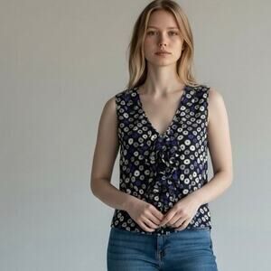 Tory Burch Silk Ruffle Blouse Sleeveless Polka Dot Black Blue Womens 10